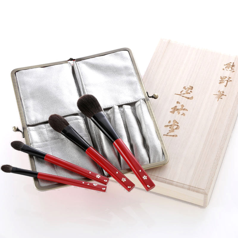 Koyudo Raden Shell 4-Brush Set with Kimono Case, Cherry Blossom Design - Fude Beauty, Japanese Makeup Brushes